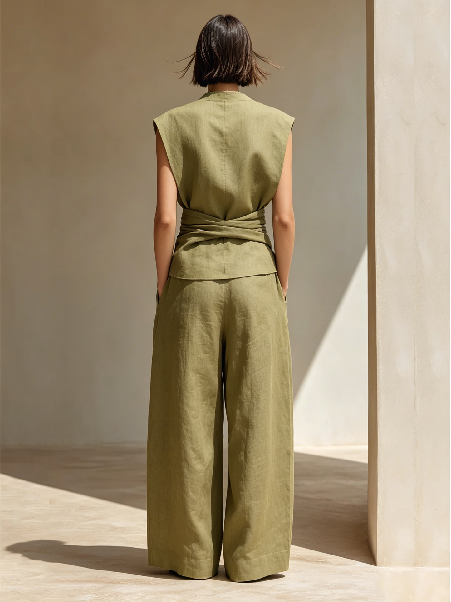 Women's Olive Green Linen Jumpsuit With Sleeveless Mock Neck & Front Waist Wrap Tie, Minimalist Resort Wide Leg Linen Jumpsuit