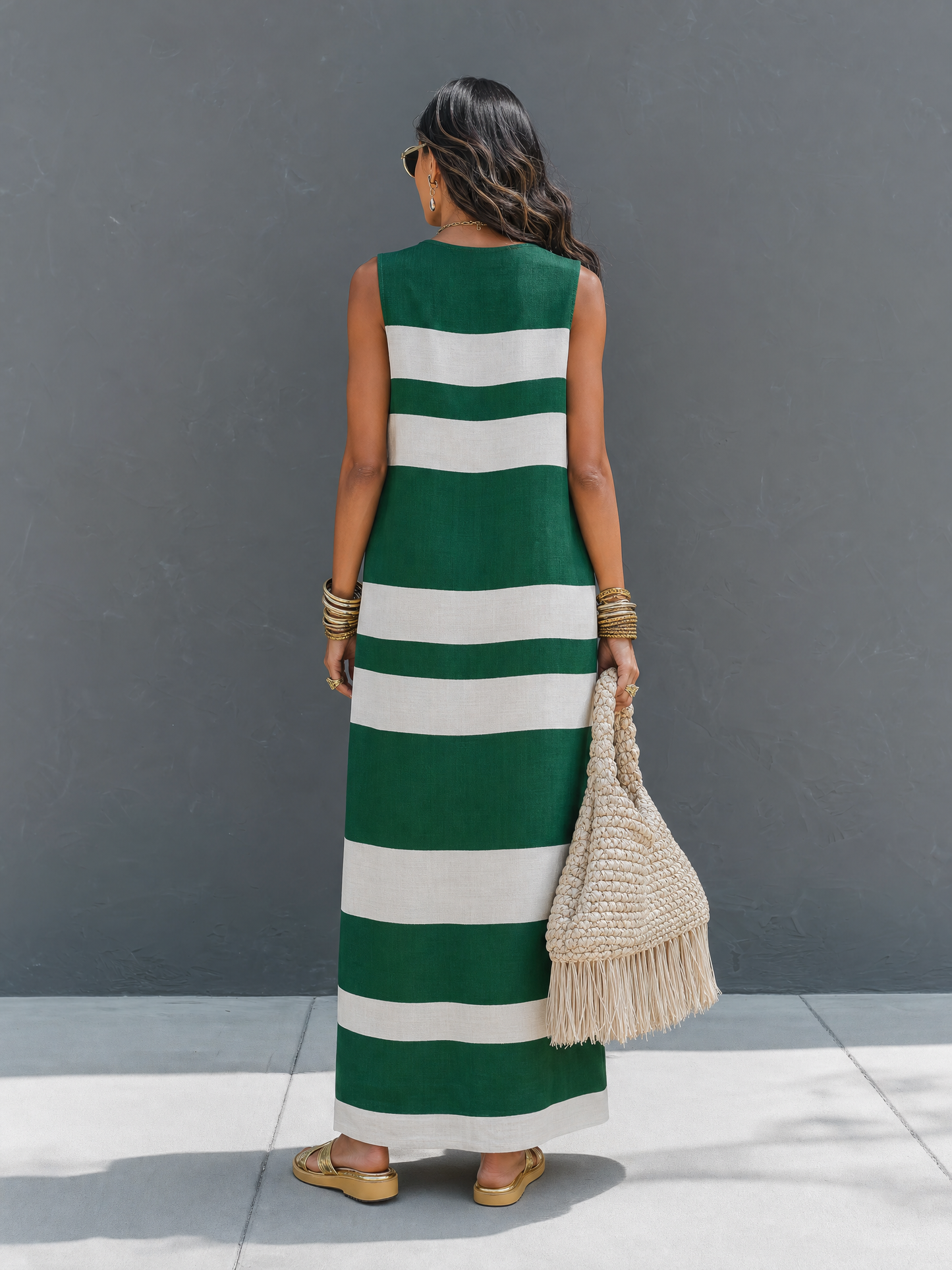 Women's Minimalist Color-Block Striped Sleeveless Maxi Dress