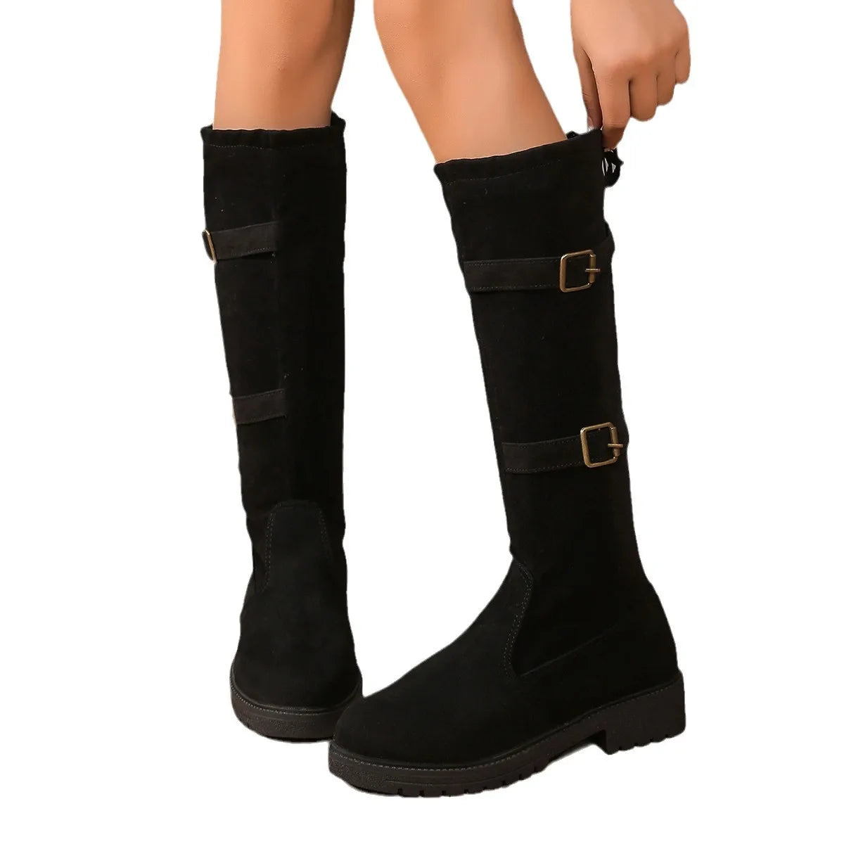 Women's Knee-High Boots with Buckle and Laces