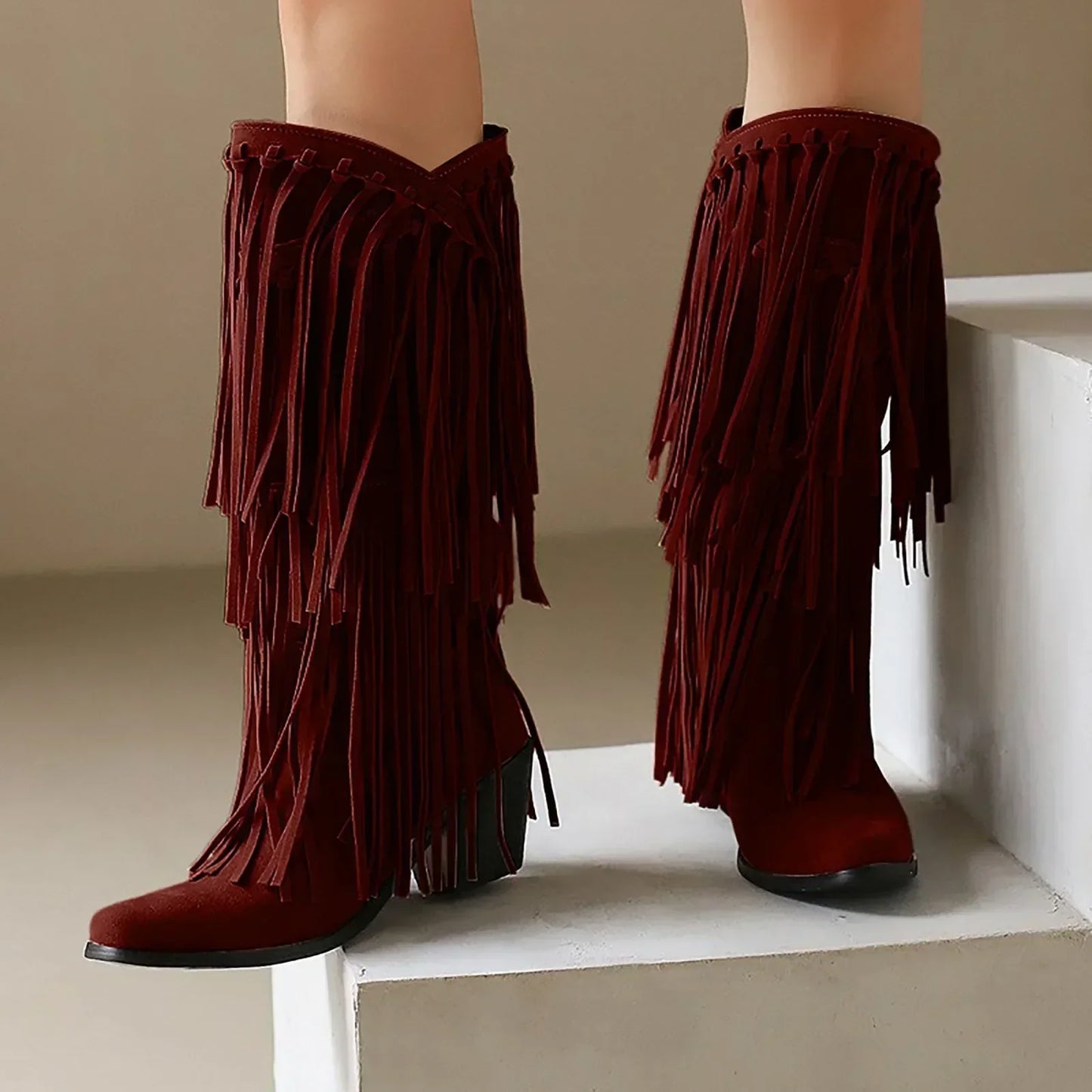 Women’s Fringe Knee-High Boots Western Style