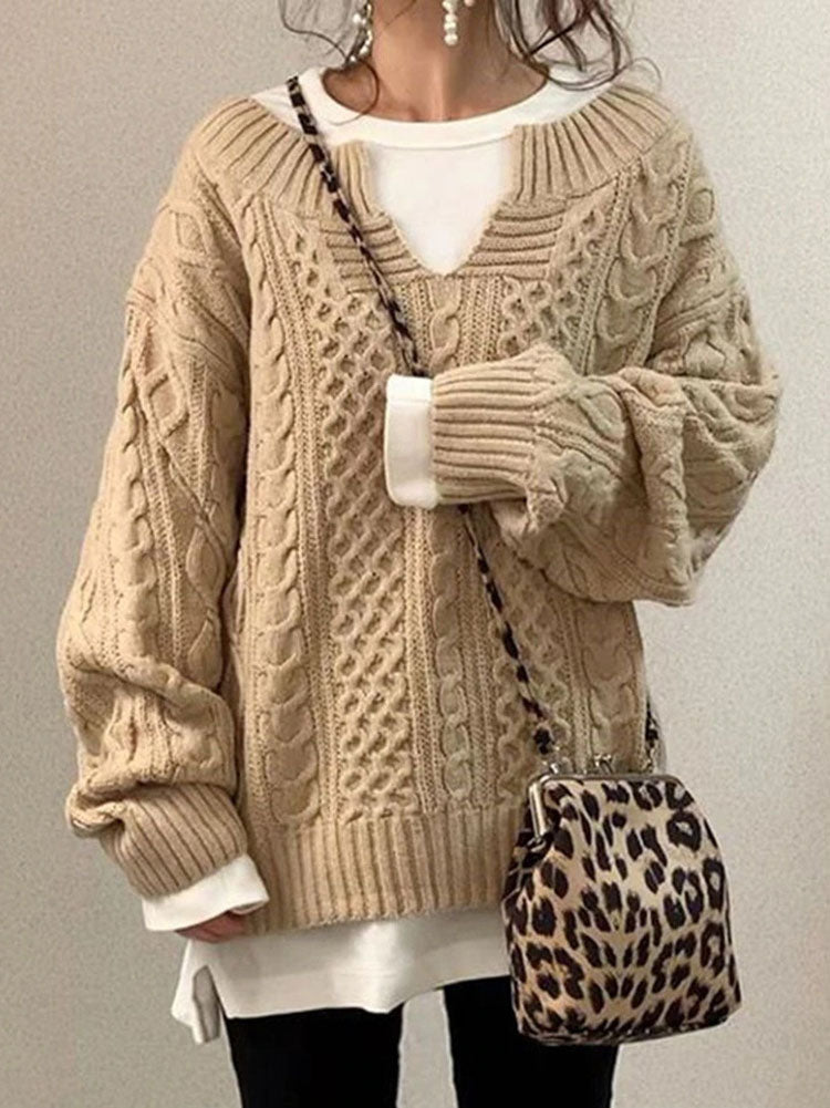 Women’s Cable Knit Sweater with V-Neck Detail