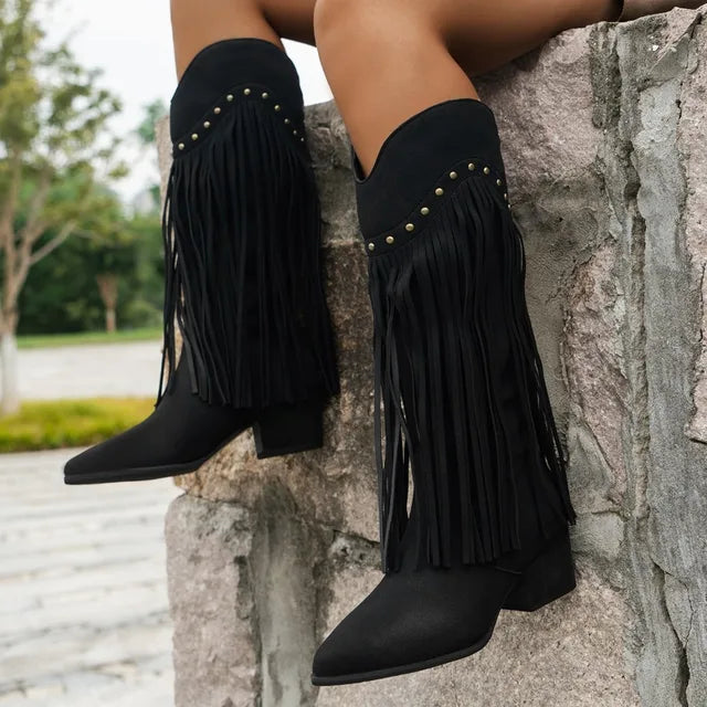 Women’s Fringe High Heel Boots with Studs