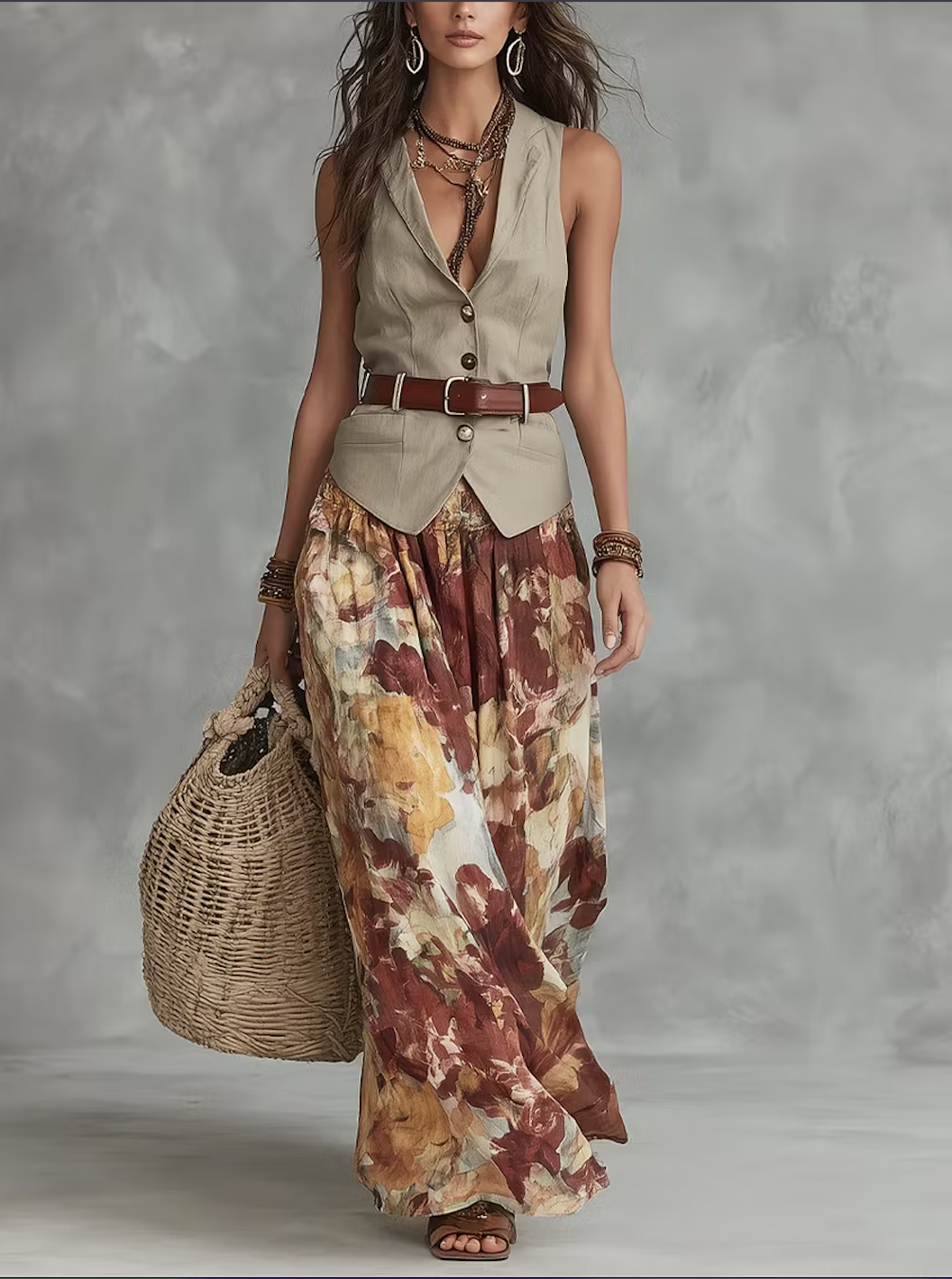 Beige Sleeveless Vest With Oil Pinting Floral Skirt Set