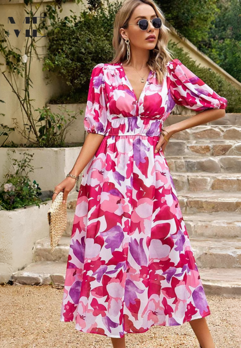 Women’s Abstract Print Belted Midi Dress