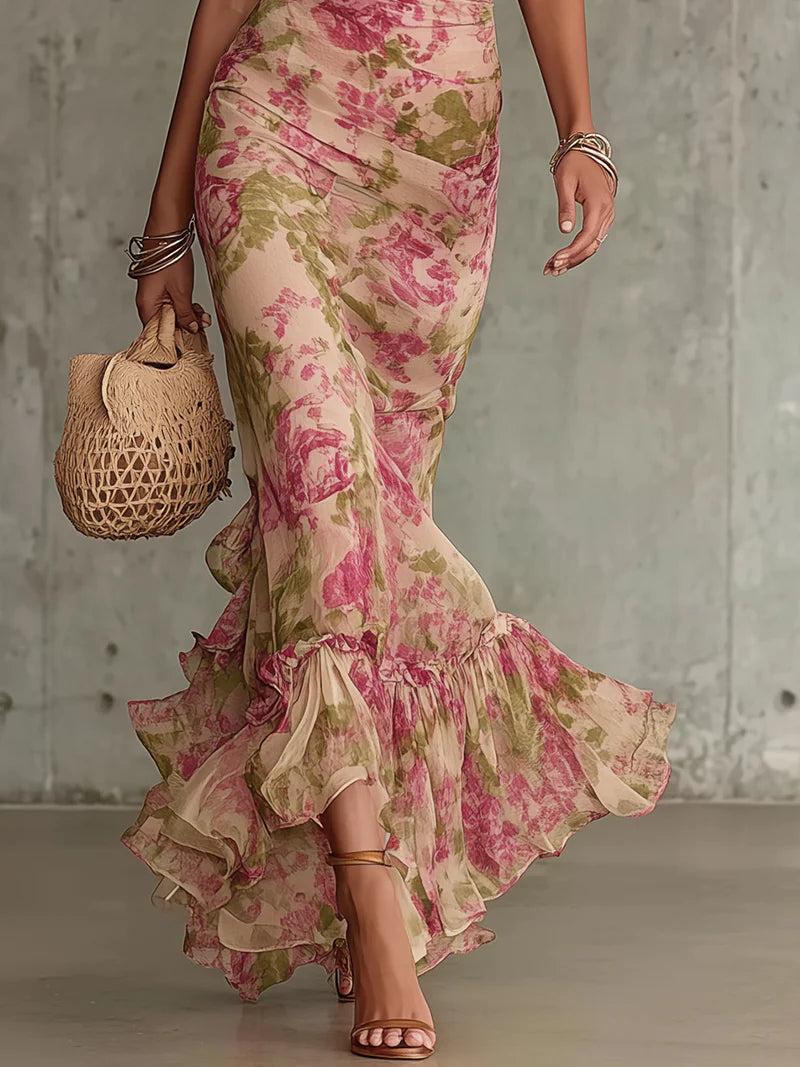 Fiora - Long dress with vintage rose print and puff sleeves