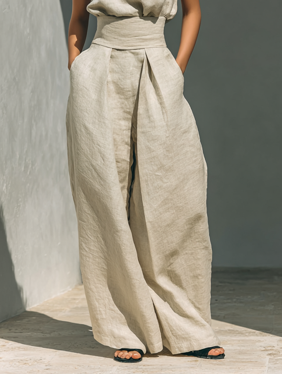 Aurora | Set consisting of a sleeveless beige top in a cotton-linen blend and wide-leg pants