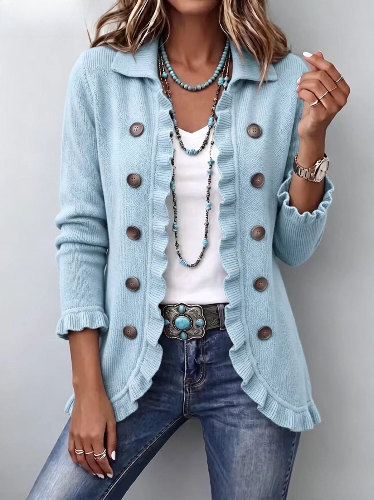 Cecilia | Powder Blue Knit Ruffle Jacket