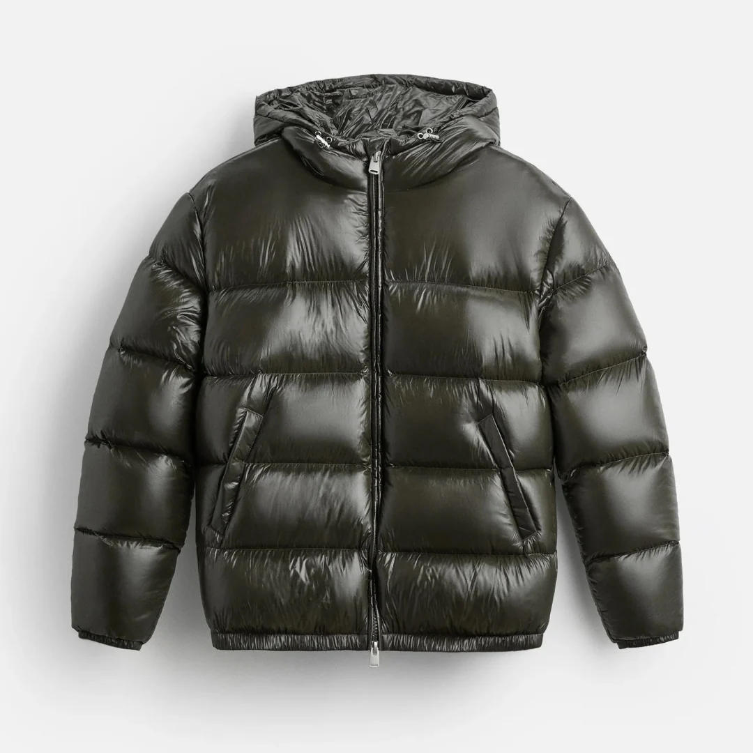 Chaqueta acolchada brillante con capucha para hombre
