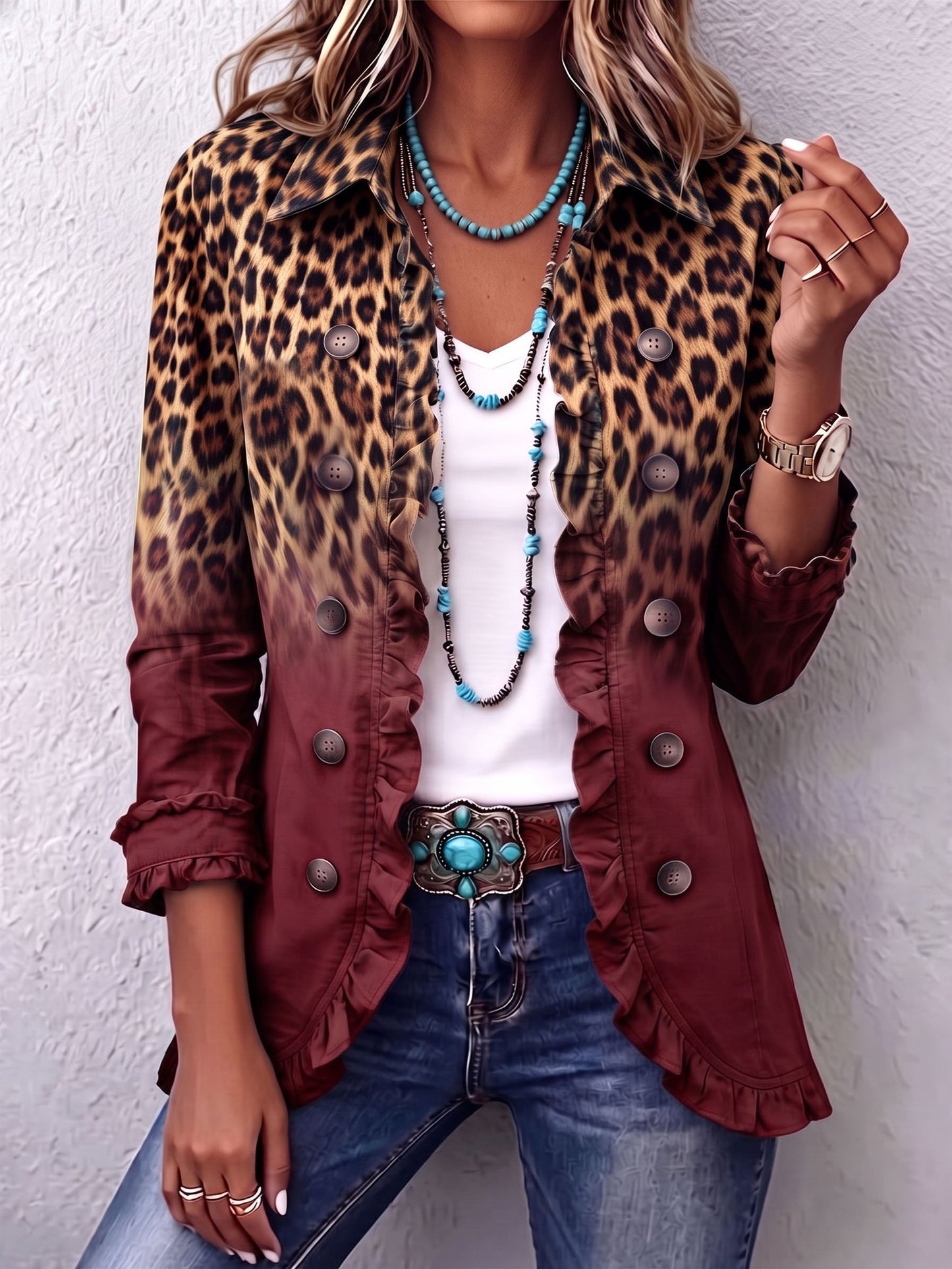 Tomasa | Wine Leopard Ruffle Blazer