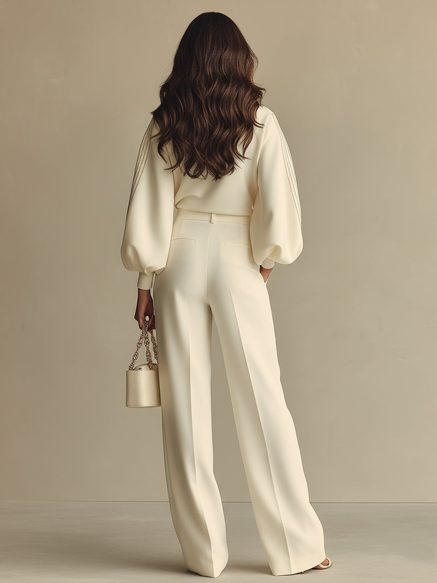 Women's Ivory Textured Set With Ribbed Crew Neck & High-Waisted Bottoms, Modern Sophisticated Style Set