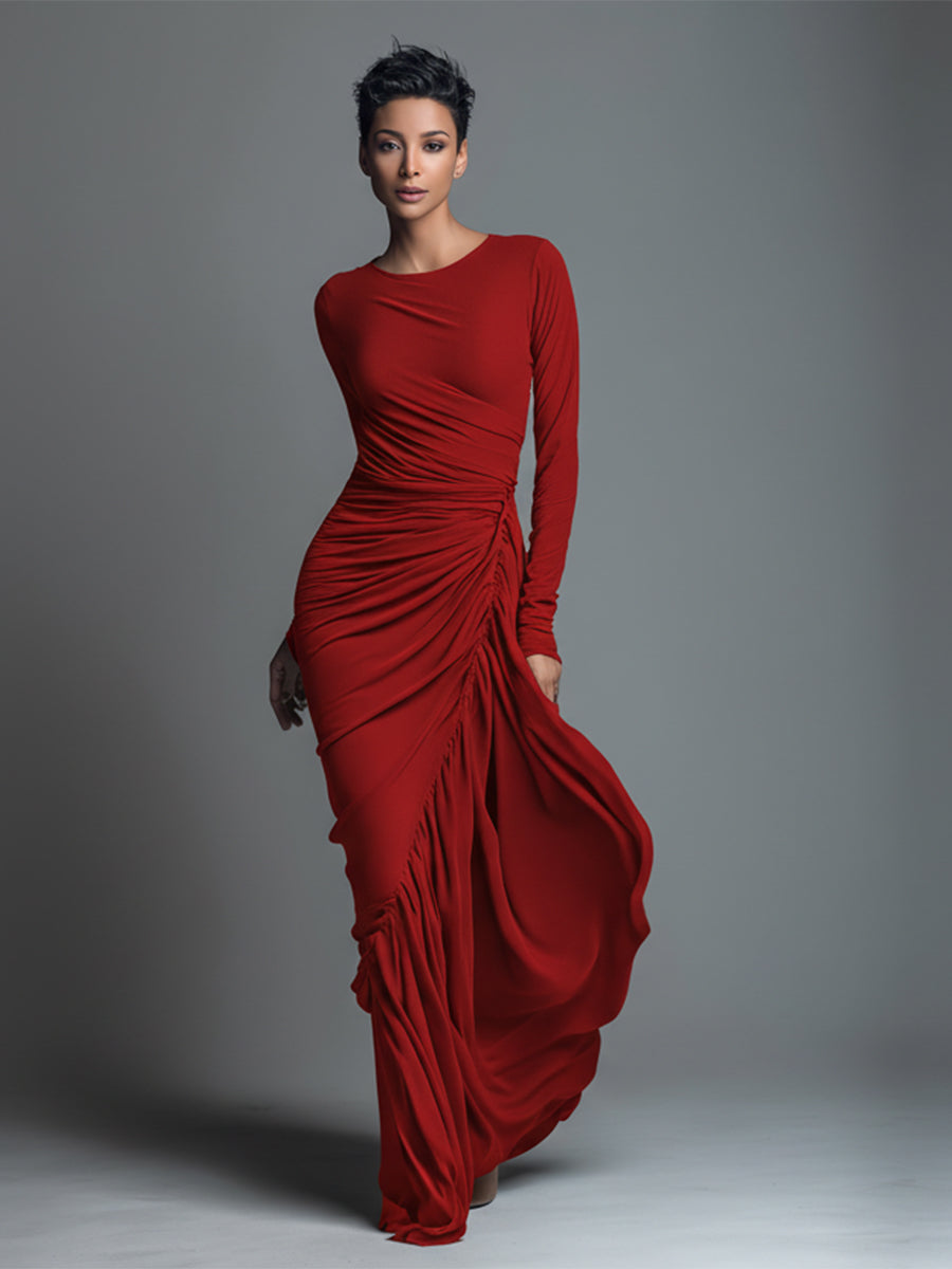 Women's Black Elegant Jersey Knit Ruched Maxi Dress