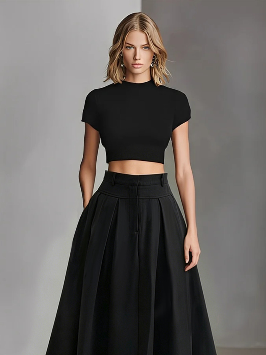Women's Black Stretch-Knit & Woven Set With Cropped Top & Maxi Dress, Timeless Sleek-Chic Style Set (without Belt)