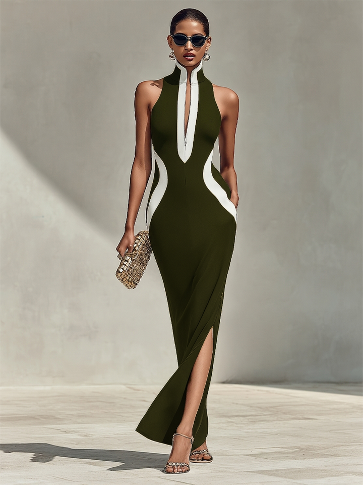 Women's Navy & White Form-Fitting Gown With Front Zipper Detail & Side Slit, Effortless Elegant Formal Dress
