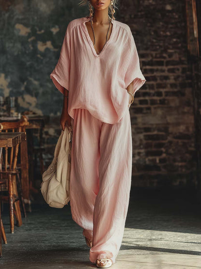 Harper | Blended Fabric V-Neck Shirt & Trousers Set