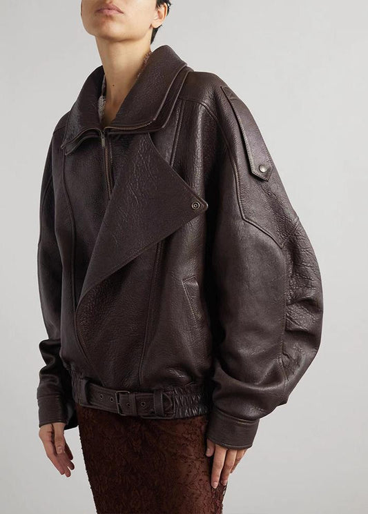 Women’s Belted Oversized Leather Bomber Jacket