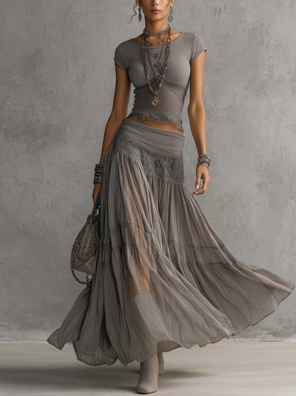 Simone | Sheer Lace-Panel Top & Pleated Chiffon Maxi Skirt Set
