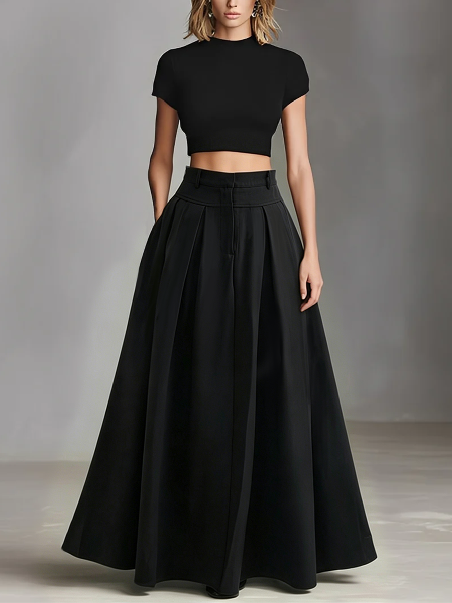 Women's Black Stretch-Knit & Woven Set With Cropped Top & Maxi Dress, Timeless Sleek-Chic Style Set (without Belt)