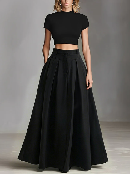 Women's Black Stretch-Knit & Woven Set With Cropped Top & Maxi Dress, Timeless Sleek-Chic Style Set (without Belt)