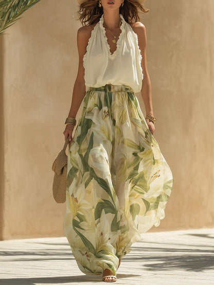 Alessandra - Chiffon Sleeveless Top with Ruffles and Lilium Print Trousers