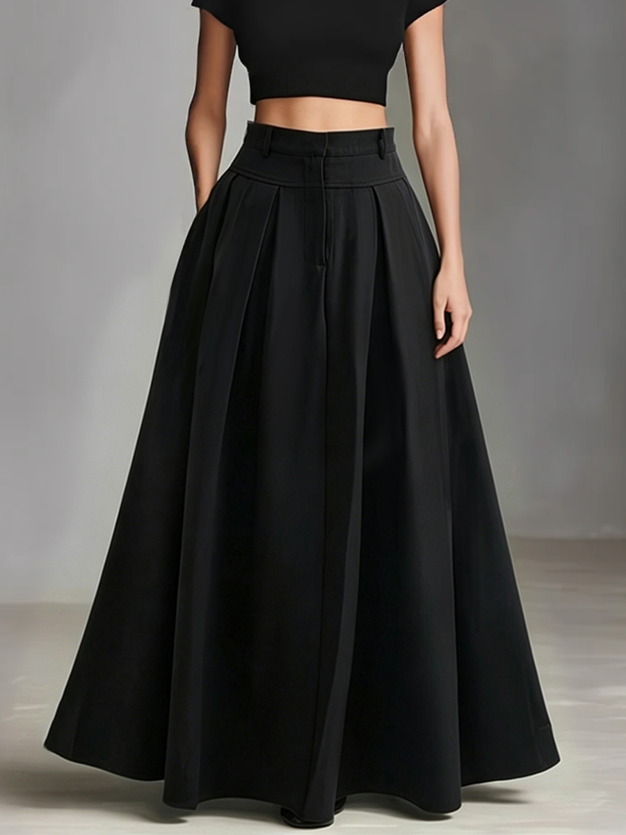 Women's Black Stretch-Knit & Woven Set With Cropped Top & Maxi Dress, Timeless Sleek-Chic Style Set (without Belt)