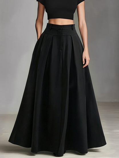 Women's Black Stretch-Knit & Woven Set With Cropped Top & Maxi Dress, Timeless Sleek-Chic Style Set (without Belt)