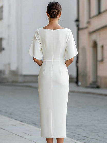 Boat Neck Short Sleeve Tailored Midi Dress