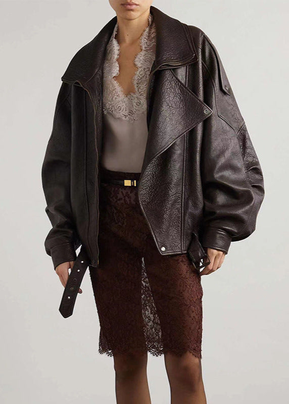 Chaqueta bomber de cuero oversized con cinturón para mujer