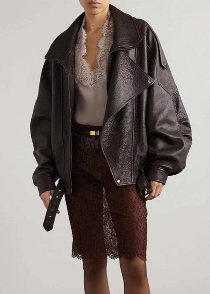 Chaqueta bomber de cuero oversized con cinturón para mujer