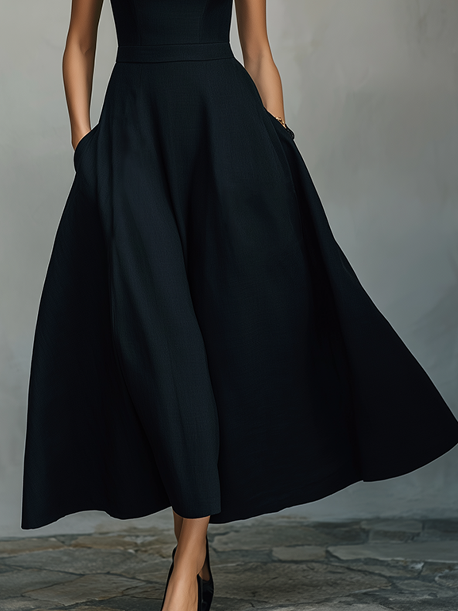 Women's Black Cotton-Blend Maxi Dress With Wide Square Neck Thick Straps & Side Patch Pockets, Minimalist Elegant Formal Swing Dress