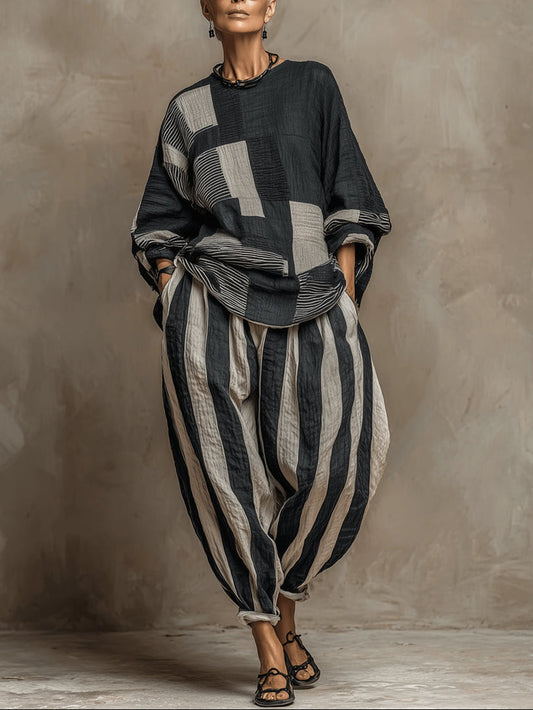 Imani | Long-Sleeve Color-Block Top & Elastic-Waist Pants Set