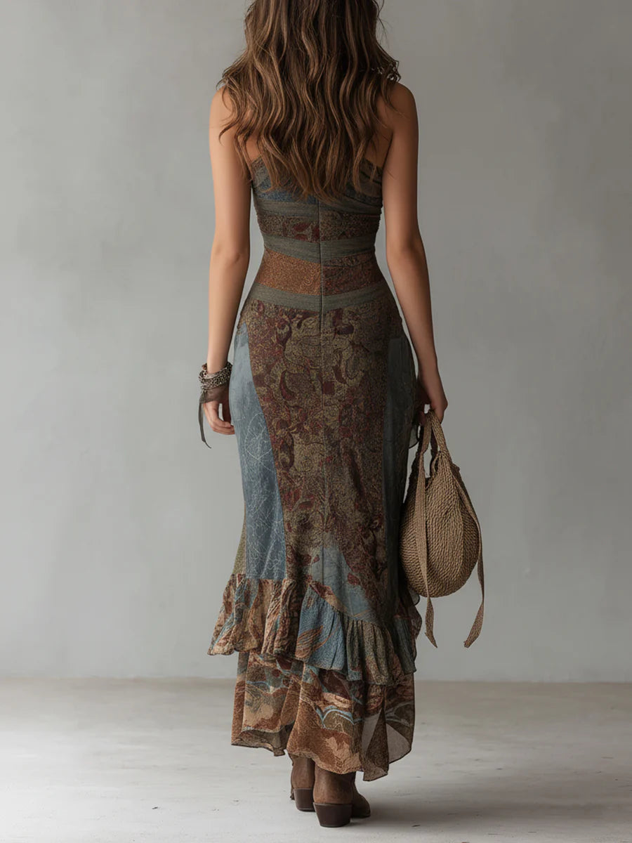 Karen ∙ Long one-shoulder printed dress in ethnic style with high slit