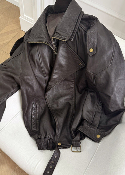 Chaqueta bomber de cuero oversized con cinturón para mujer