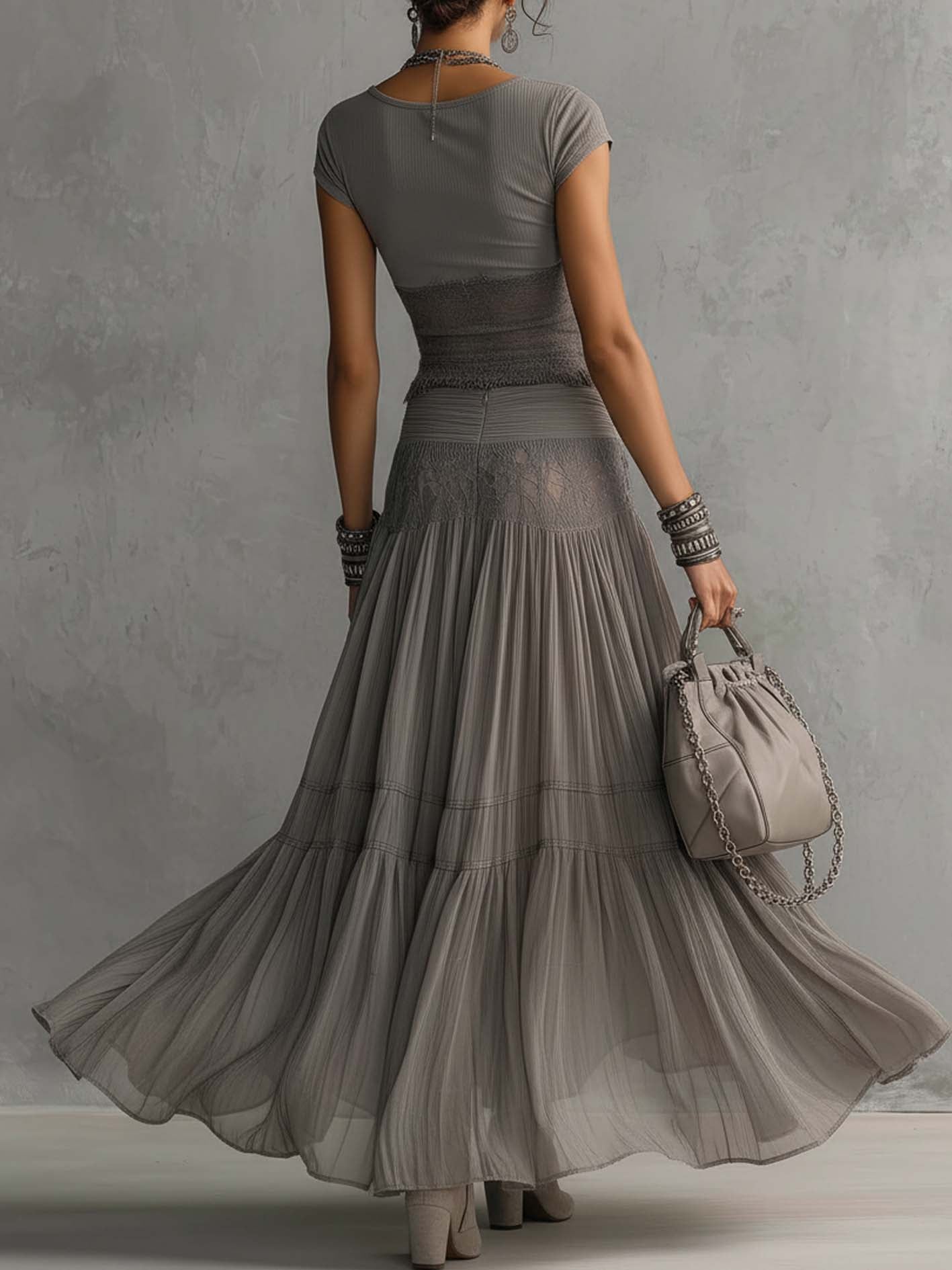 Simone | Sheer Lace-Panel Top & Pleated Chiffon Maxi Skirt Set