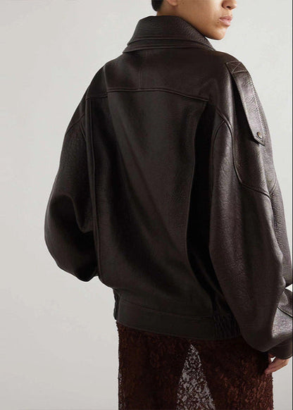 Chaqueta bomber de cuero oversized con cinturón para mujer