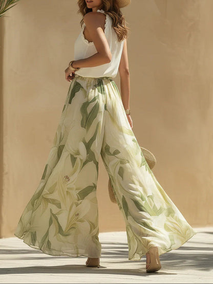 Camille | Chiffon Ruffled Sleeveless Top & Lily-Print Pants Set