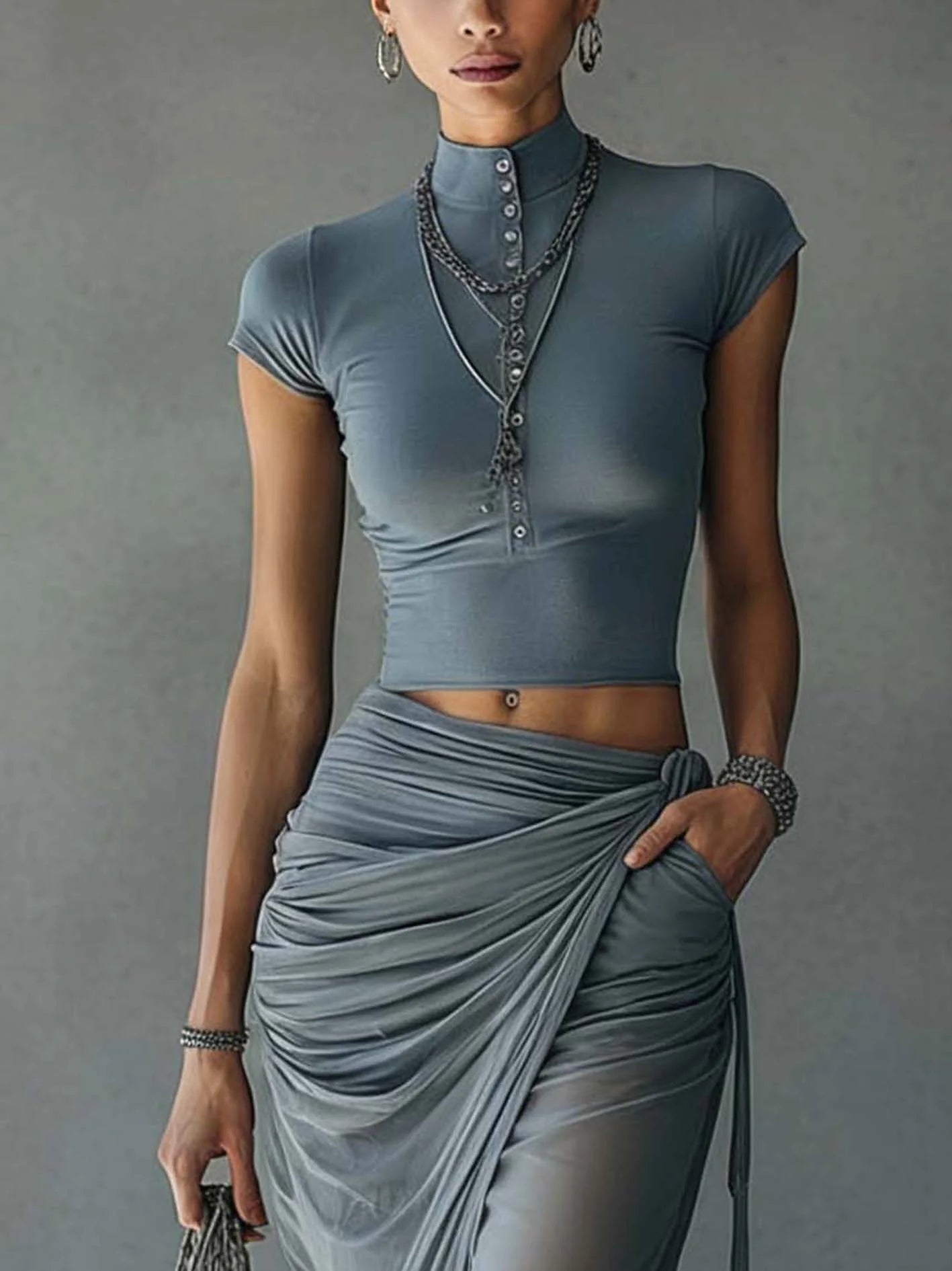 Jasmine | Cropped Tee & Sheer Mesh Draped Skirt Set