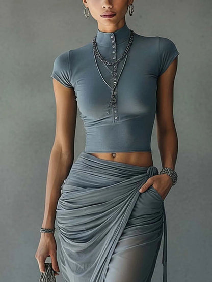 Jasmine | Cropped Tee & Sheer Mesh Draped Skirt Set