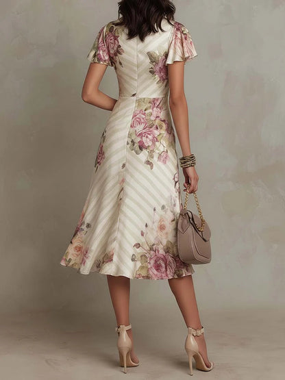 Margaret | Vintage Floral Satin Midi Dress
