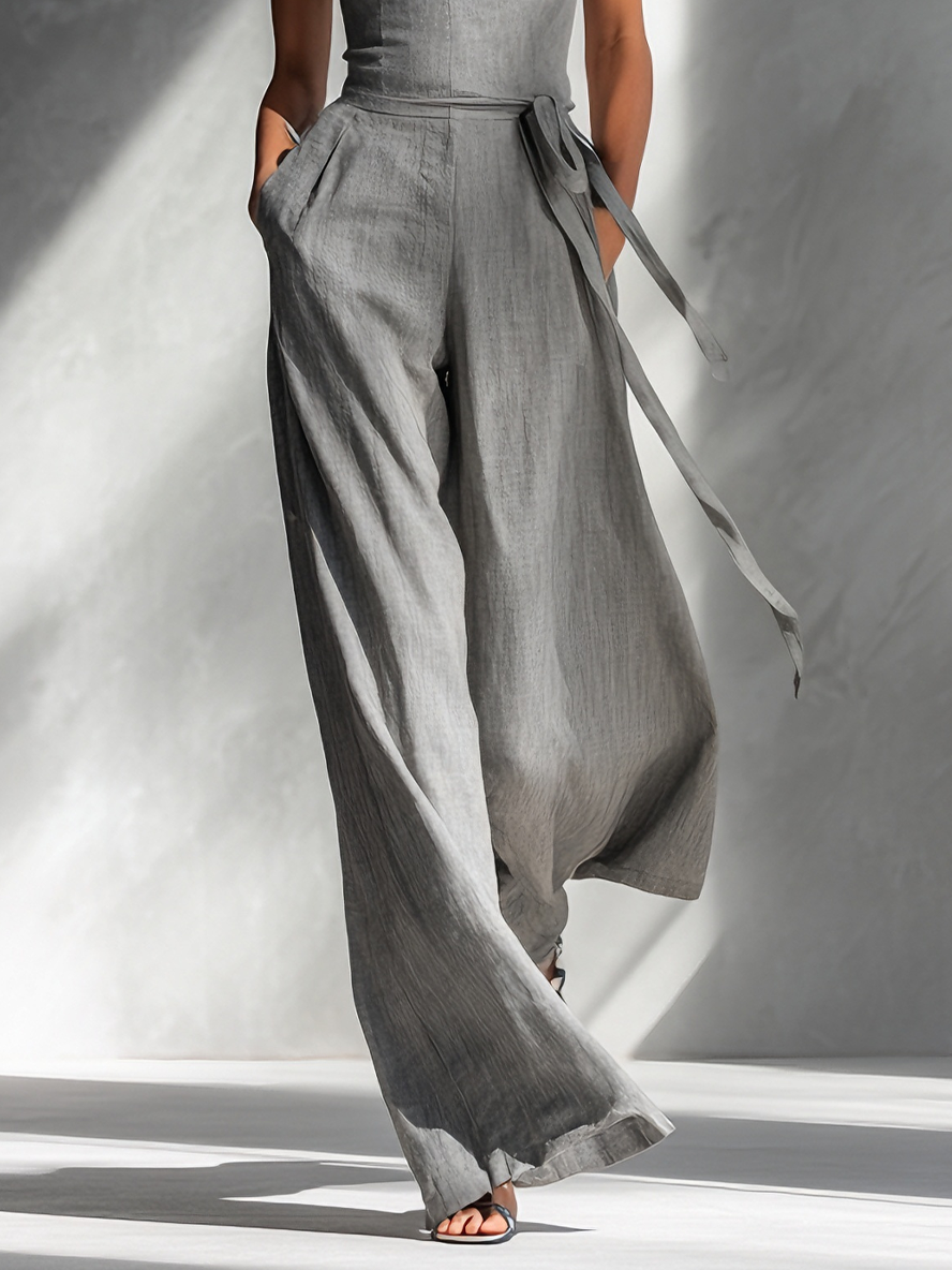 Women's Minimalist Linen Blend Gray Spaghetti-Strap Square-Neck Tie-Waist Wide-Leg Jumpsuit
