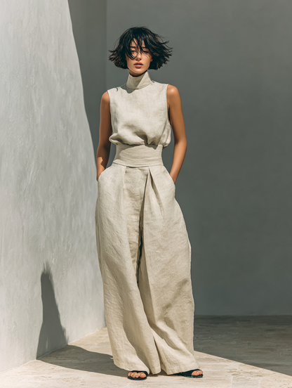 Women's Minimalist Cotton And Linen Blend Sleeveless Blouse And Wide-leg Pants Set