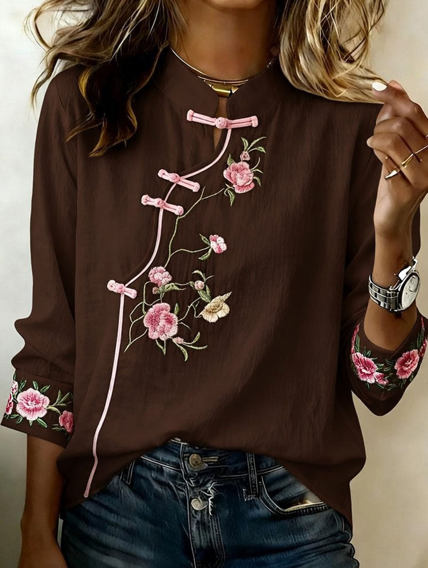 Women'S Floral Art Stand Up Collar Buckle Elegant Casual Long Sleeved Shirt