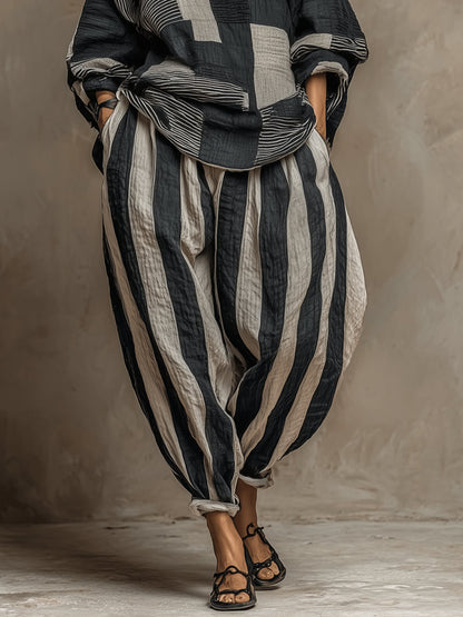 Imani | Long-Sleeve Color-Block Top & Elastic-Waist Pants Set