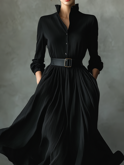 Women's Black Blend Textured Pleated Vintage Maxi Dress