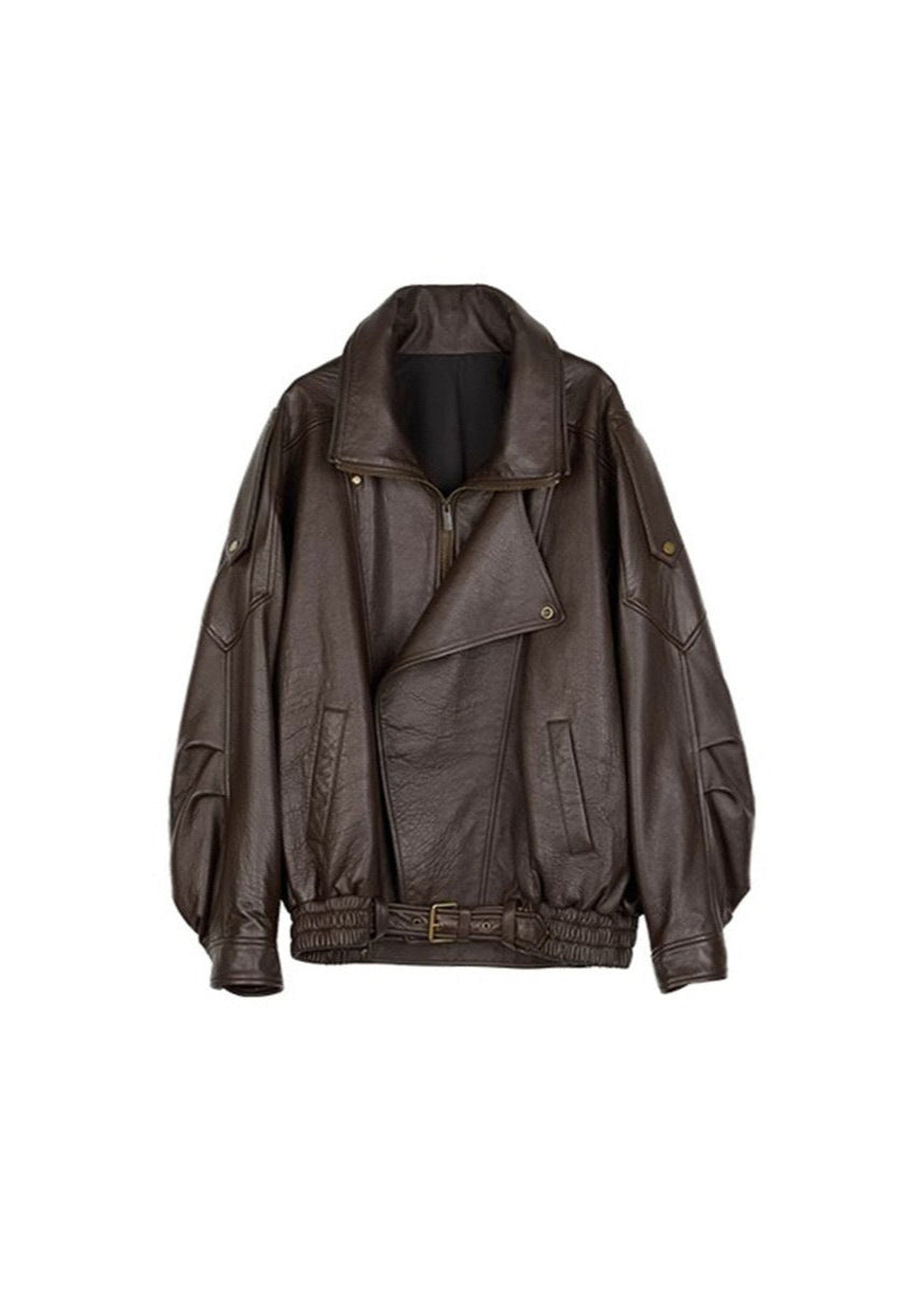 Chaqueta bomber de cuero oversized con cinturón para mujer