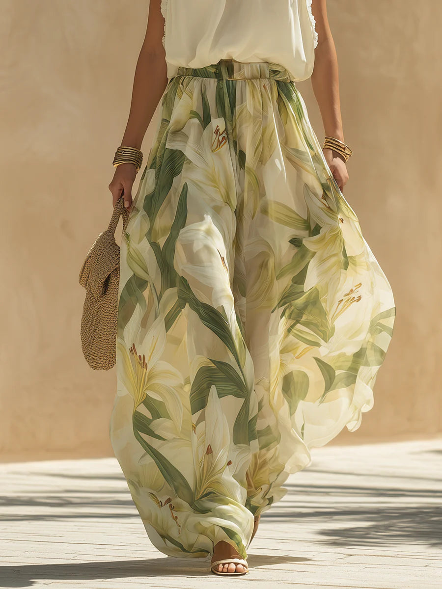 Alessandra - Chiffon Sleeveless Top with Ruffles and Lilium Print Trousers