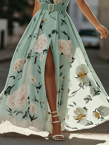 Julie | Light Green Floral One-Shoulder Maxi Dress