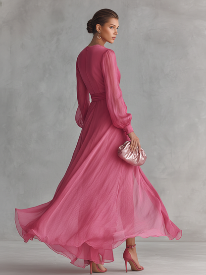 Women's Elegant Rose Pink Pearl Chiffon V-neck Tie-waist Long Dress