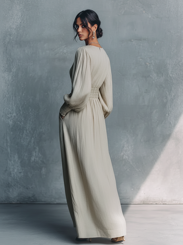 Women's Beige Cotton Linen Striped V-Neck Shirred Waist Maxi Dress
