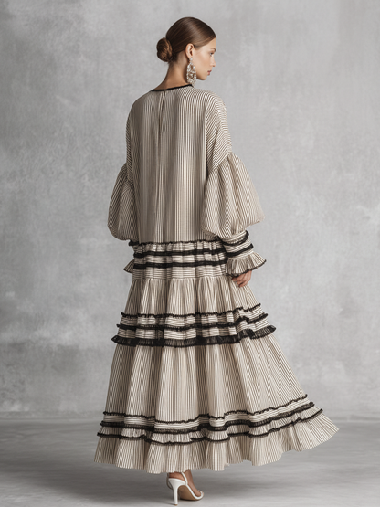Women's Boho Striped Ruffle Tiered Cotton Blend Long Sleeve Maxi Dress