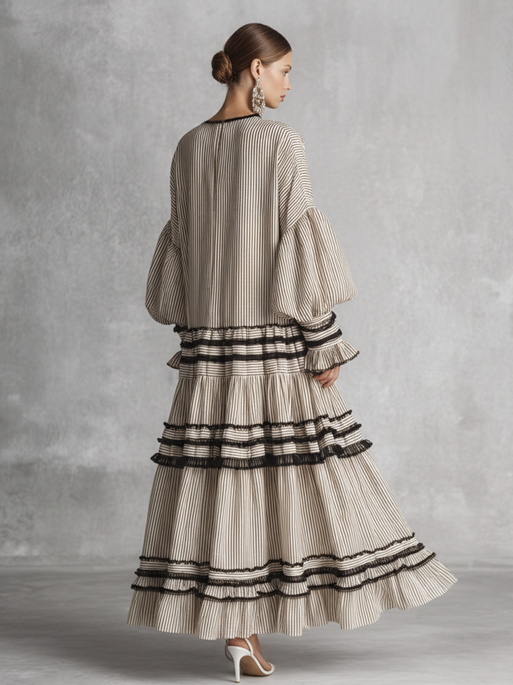 Women's Boho Striped Ruffle Tiered Cotton Blend Long Sleeve Maxi Dress